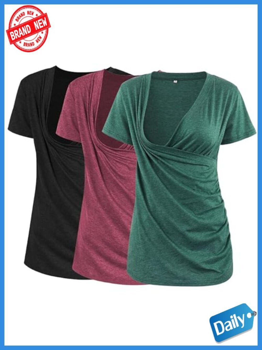 Maternity Nursing Tops 3-Pack Wrap V-Neck Short Sleeve Tee Shirts